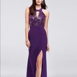 Sequined Jersey Open Back Halter GownMORGAN AND CO